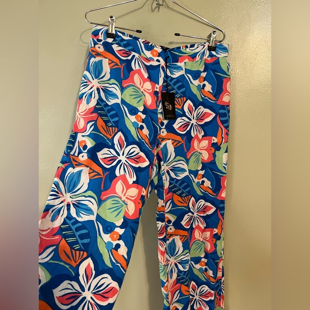 Sincerly Jules Women’s Floral Boho Retro Wide-Leg Pants Resort Linen L NWT